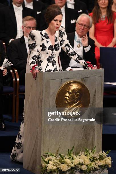 Professor Sara Danius introduces the Nobel Prize in Literature during the Nobel Prize Awards Ceremony at Concert Hall on December 10, 2017 in...