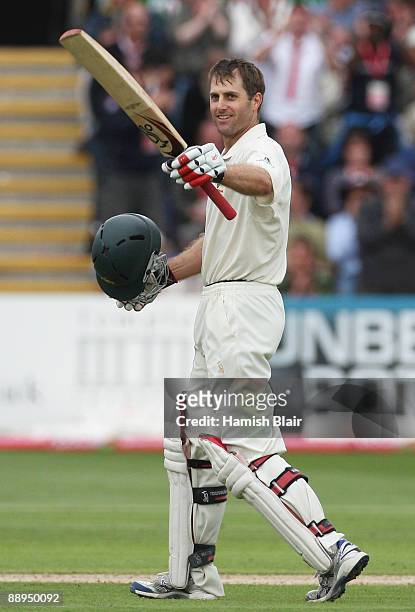Simon Katich of Australia celebrates his century during day two of the npower 1st Ashes Test Match between England and Australia at the SWALEC...