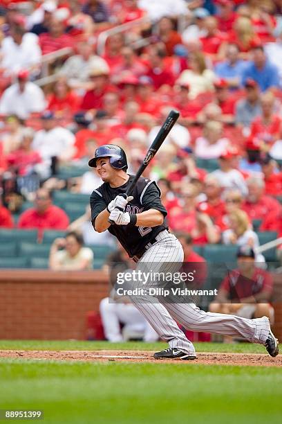 Troy Tulowitzki of the Colorado Rockies bats against the St. Louis Cardinals on June 8, 2009 at Busch Stadium in St. Louis, Missouri. The Rockies...