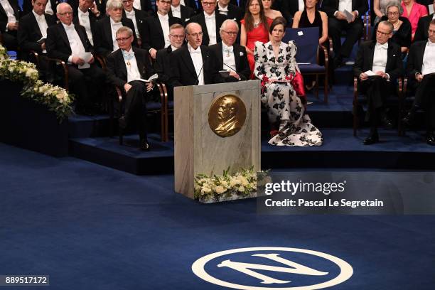 Professor Peter Brzezinski introduces the Noebl Prize in chemistry during the Nobel Prize Awards Ceremony at Concert Hall on December 10, 2017 in...