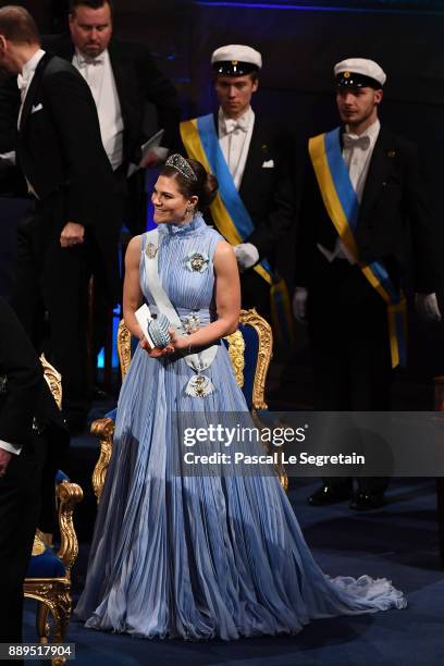 Crown Princess Victoria of Sweden attends the Nobel Prize Awards Ceremony at Concert Hall on December 10, 2017 in Stockholm, Sweden.