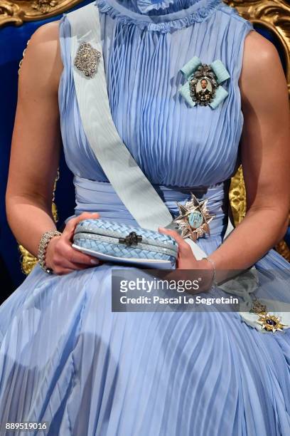 Crown Princess Victoria of Sweden,dress detail, attends the Nobel Prize Awards Ceremony at Concert Hall on December 10, 2017 in Stockholm, Sweden.