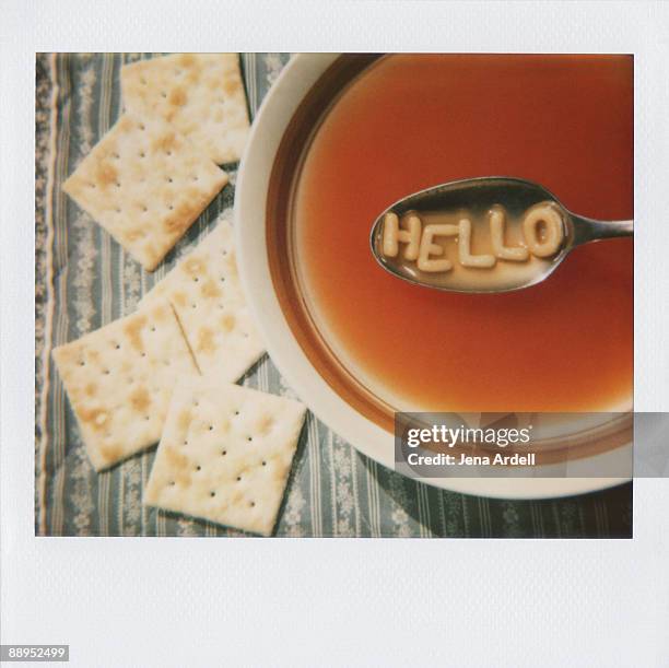 image of alphabet soup letters greeting hello - alphabet soup stock pictures, royalty-free photos & images