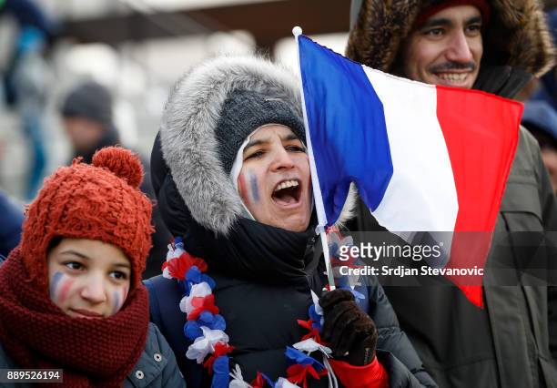 Fans of France give their support during the U23 Men's award ceremony during SPAR European Cross Country Championships on December 10, 2017 in...