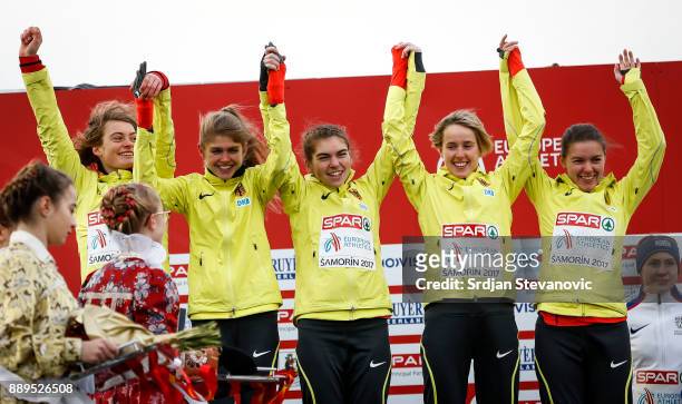 German team celebrate their Silver Medal during the U23 Women's award ceremony during the SPAR European Cross Country Championships on December 10,...