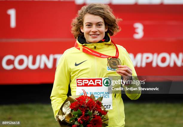 Gold Medallist Alina Reh of Germany poses during the U23 Women's award ceremony during the SPAR European Cross Country Championships on December 10,...