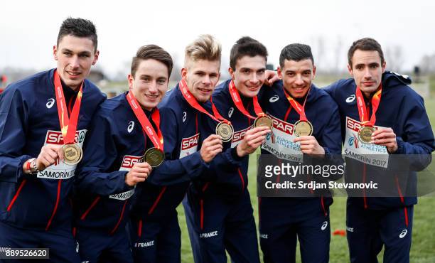 French team celebrate their Gold Medal during the U23 Men's award ceremony during the SPAR European Cross Country Championships on December 10, 2017...