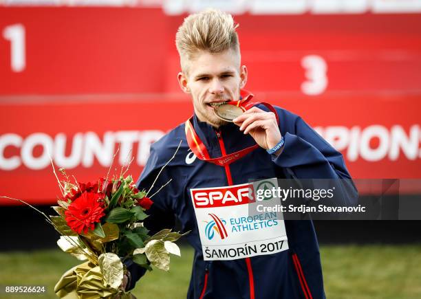 Jimmy Gressier of France celebrates his Gold Medal during the U23 Men's award ceremony during the SPAR European Cross Country Championships on...