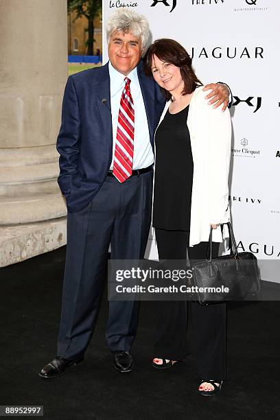 Jay Leno and his wife, Mavis Elizabeth Nicholson Leno arrive at the launch of the new Jaguar XJ at the Saatchi Gallery on July 9, 2009 in London,...