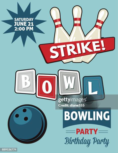 retro style bowling birthday party invitation template - retro bowling alley stock illustrations