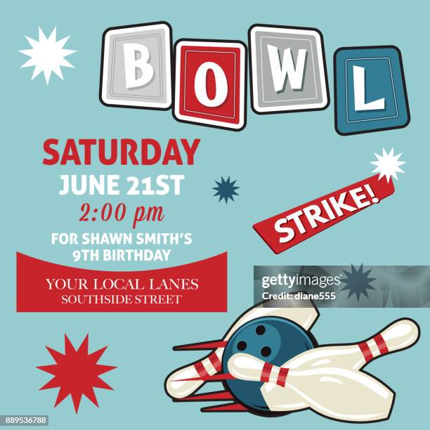 retro-bowling geburtstagsparty einladung vorlage  - bowling party stock-grafiken, -clipart, -cartoons und -symbole