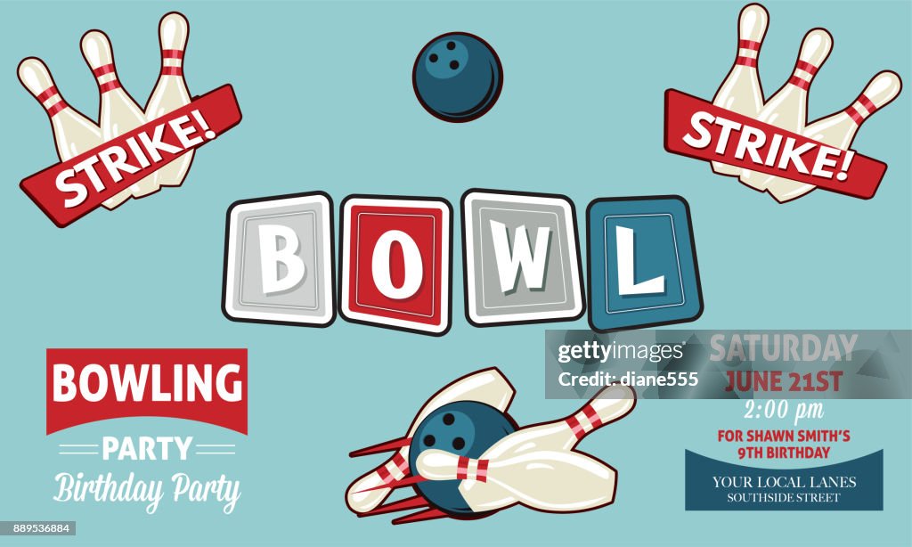 Retro Style Bowling Birthday Party Invitation Template