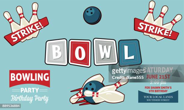 retro style bowling birthday party invitation template - skittles game stock illustrations