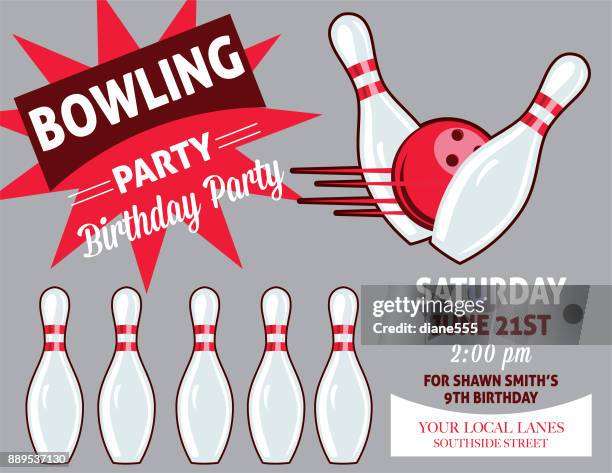 retro style bowling birthday party invitation template - bowling party stock illustrations