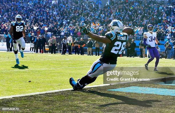 Jonathan Stewart of the Carolina Panthers runs for a touchdown against the Minnesota Vikings in the first quarter during their game at Bank of...