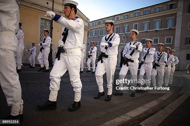 Members of the Italian Navy take part in the changing of the guard ceremony at Palazzo Del Quirinale next to the Presidential Palace on July 9, 2009...