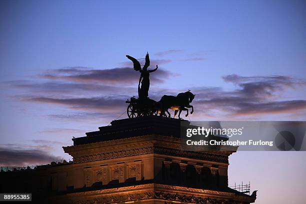 View of the Vittorio Emmanuele II monument at sunset on July 9, 2009 in Rome, Italy. With nearly 3000 years of history Rome continues to live up to...