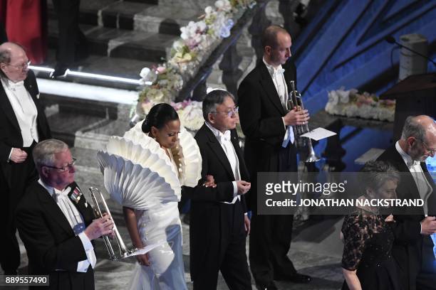 Swedish minister of culture, Alice Bah Kuhnke and 2017 Nobel prize laureate in literature, Kazuo Ishiguro , arrive at the 2017 Nobel Banquet for the...