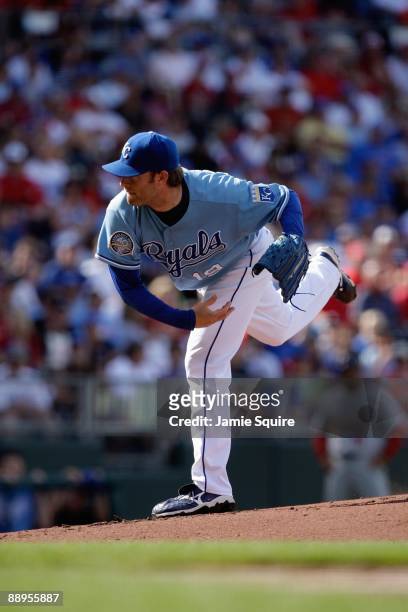 Brian Bannister of the Kansas City Royals pitches against the St. Louis Cardinals during the game on June 20, 2009 at Kauffman Stadium in Kansas...