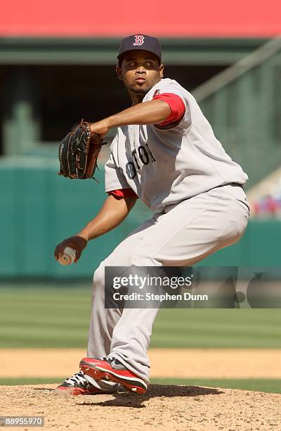 Pitcher Ramon Ramirez of the Boston Red Sox throws a pitch against the Los Angeles Angels of Anaheim on May 14, 2009 at Angel Stadium in Anaheim,...