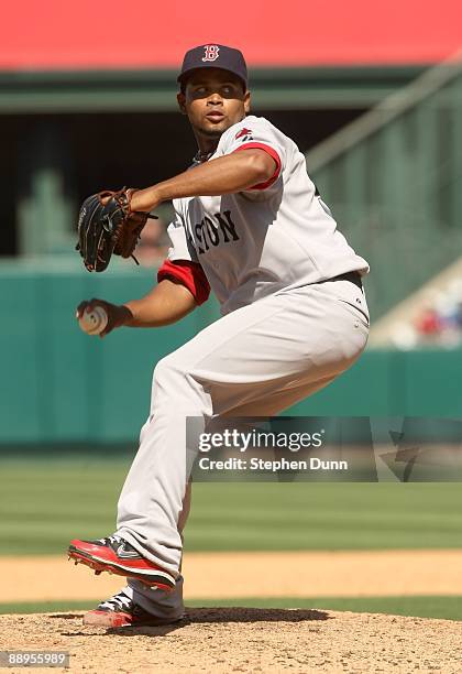 Pitcher Ramon Ramirez of the Boston Red Sox throws a pitch against the Los Angeles Angels of Anaheim on May 14, 2009 at Angel Stadium in Anaheim,...