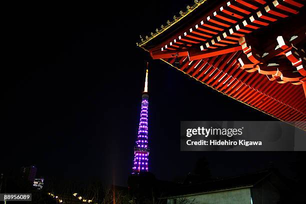 illuminated tower at night  - hidehiro kigawa stockfoto's en -beelden