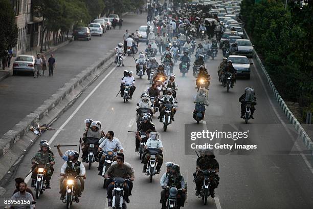 Iranian Basij ride motorcyles while policing demonstrations on July 9, 2009 in Tehran, Iran. Following recent unrest in the wake of the disputed...