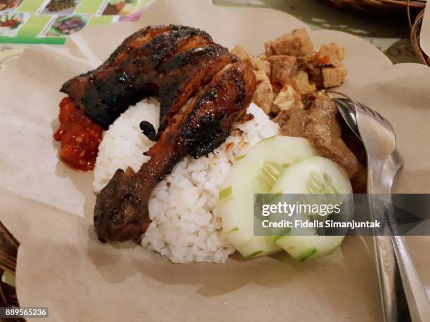 gudeg, grilled chicken and rice - indonesia traditional food - gudeg stock pictures, royalty-free photos & images