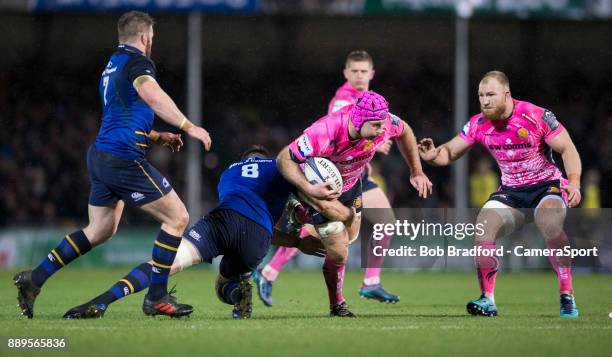 Exeter Chiefs' Thomas Waldrom is tackled by Leinster's Jack Conan during the European Rugby Champions Cup match between Exeter Chiefs and Leinster...