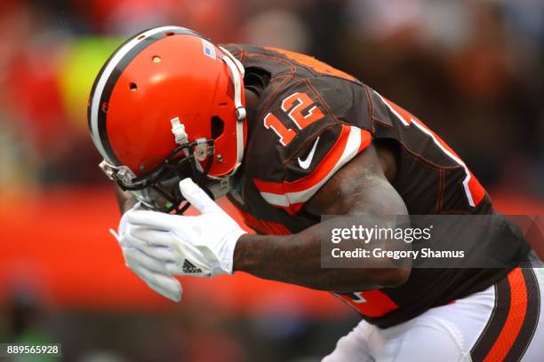 Josh Gordon of the Cleveland Browns celebrates a touchdown in the first quarter against the Green Bay Packers at FirstEnergy Stadium on December 10,...
