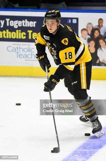 Matthew Strome of the Hamilton Bulldogs skates in warmup prior to a game against the Mississauga Steelheads on December 10, 2017 at Hershey Centre in...