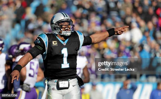 Cam Newton of the Carolina Panthers reacts after a touchdown against the Minnesota Vikings in the second quarter during their game at Bank of America...