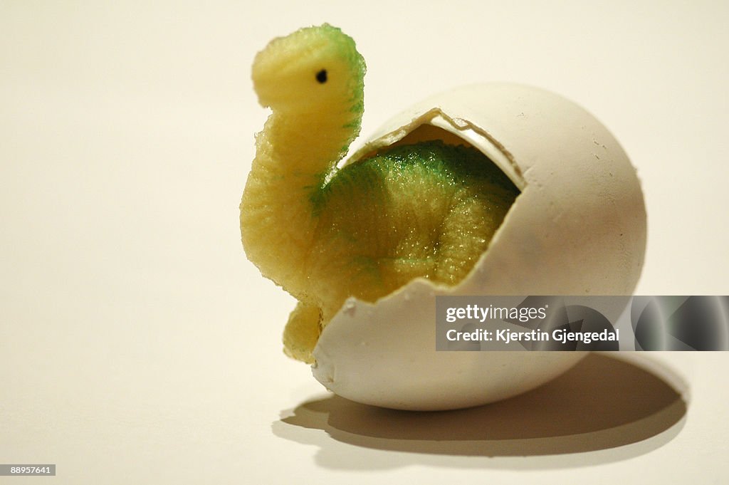 Toy dinosaur hatching from egg