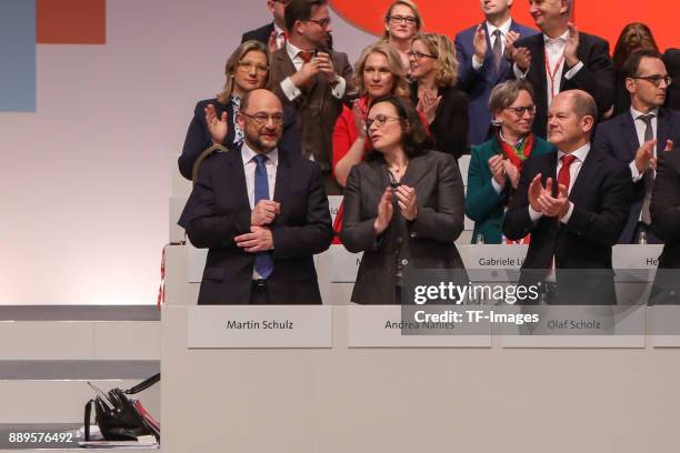 Martin Schulz and Andrea Nahles attend at the SPD federal party congress on December 7, 2017 in Berlin, Germany. Photo by TF-Images/TF-Images via...