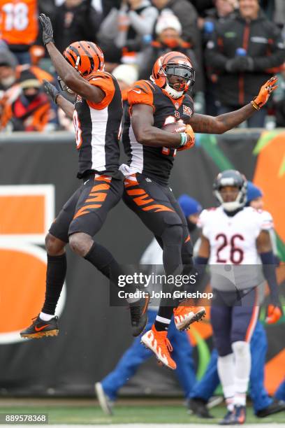 Brandon LaFell of the Cincinnati Bengals celebrates with A.J. Green after a touchdown against the Chicago Bears during the first half at Paul Brown...