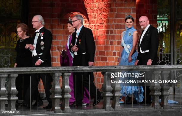 Wife of US physicist and Nobel Prize in Physics 2017 laureate Barry C Barish, Samoan Barish, King Carl XVI Gustaf of Sweden, Sweden's Queen Silvia,...