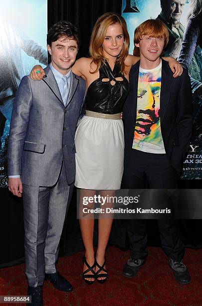 Actors Daniel Radcliffe, Emma Watson and Rupert Grint attend the "Harry Potter and the Half-Blood Prince" premiere at Ziegfeld Theatre on July 9,...