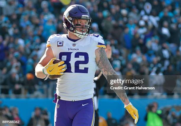 Kyle Rudolph of the Minnesota Vikings reacts after a touchdown against the Carolina Panthers in the first quarter during their game at Bank of...