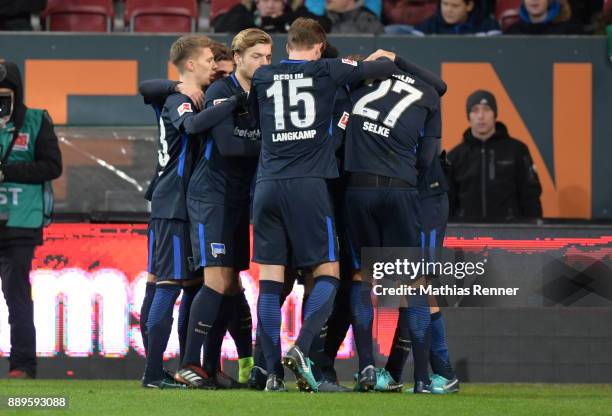 Mitchell Weiser, Alexander Esswein, Sebastian Langkamp and Davie Selke of Hertha BSC celebrate after scoring the 1:1 during the game between dem FC...