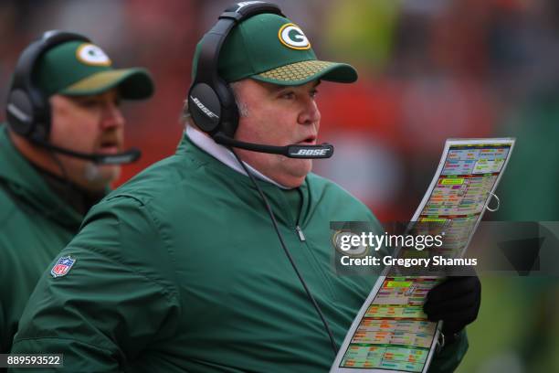 Head coach Mike McCarthy of the Green Bay Packers is seen in the second quarter in the game against against the Cleveland Browns at FirstEnergy...