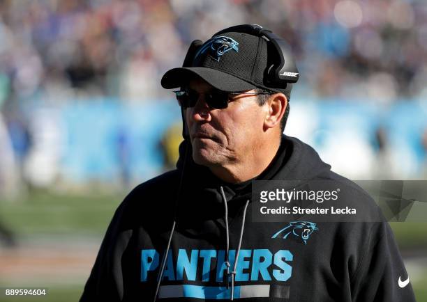 Head coach Ron Rivera of the Carolina Panthers looks on against the Minnesota Vikings in the first half during their game at Bank of America Stadium...