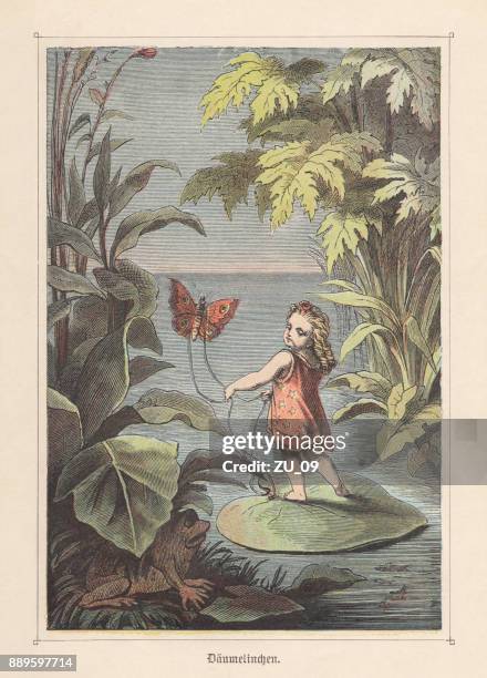 thumbelina (tommelise), fairy tale by hans christian andersen, published 1883 - hans christian andersen stock illustrations