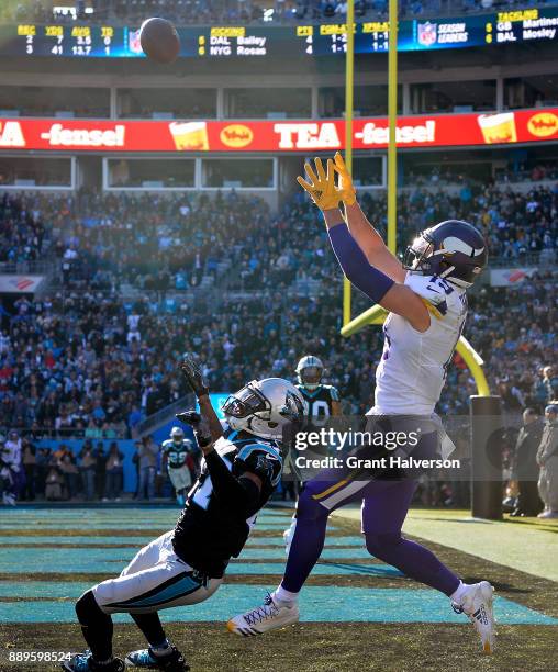 Adam Thielen of the Minnesota Vikings attempts a catch against Kevon Seymour of the Carolina Panthers in the second quarter during their game at Bank...