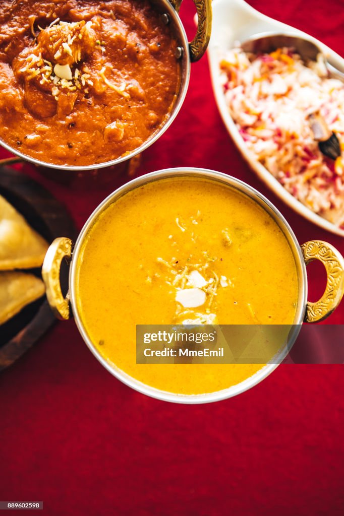 Lamb korma curry inside Karahi Indian Serving Dishes. North Indian food