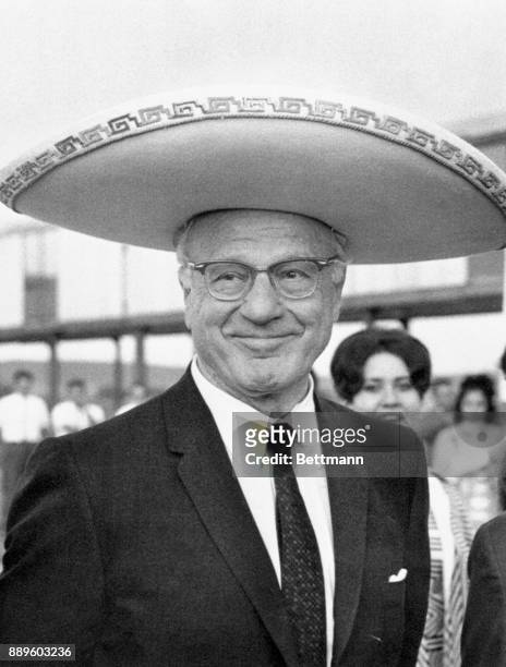 Avery Brundage, president of the International Olympic Committee, sports a big grin and equally big Mexican sombrero at an Olympic soccer match.
