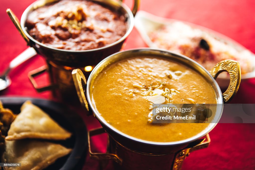 Lamb korma curry inside Karahi Indian Serving Dishes. North Indian food