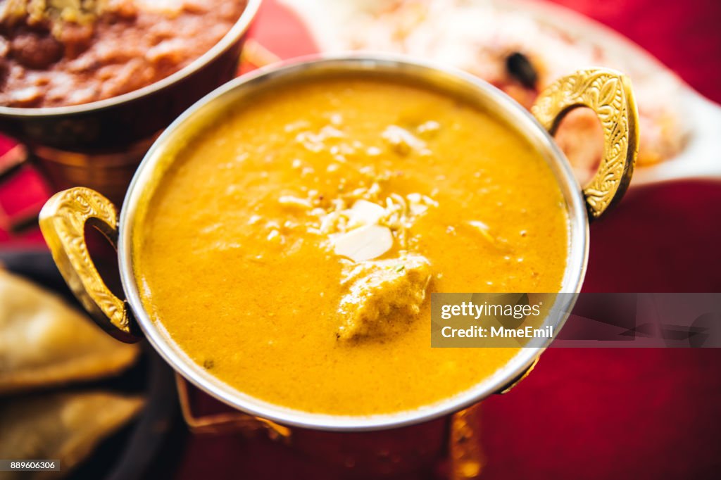 Lamb korma curry inside Karahi Indian Serving Dishes. North Indian food