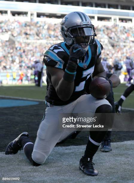 Devin Funchess of the Carolina Panthers reacts after a touchdown against the Minnesota Vikings in the third quarter during their game at Bank of...