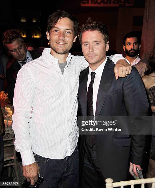 Actors Tobey Maguire and Kevin Connolly pose at the afterparty premiere of HBO's "Entourage" - Season 6 at the Paramount Theater on July 9, 2009 in...