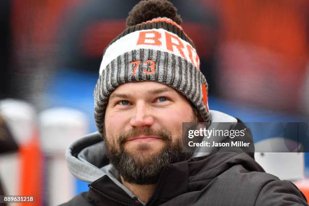 Joe Thomas of the Cleveland Browns looks on from the sidelines durning the game against the Green Bay Packers at FirstEnergy Stadium on December 10,...